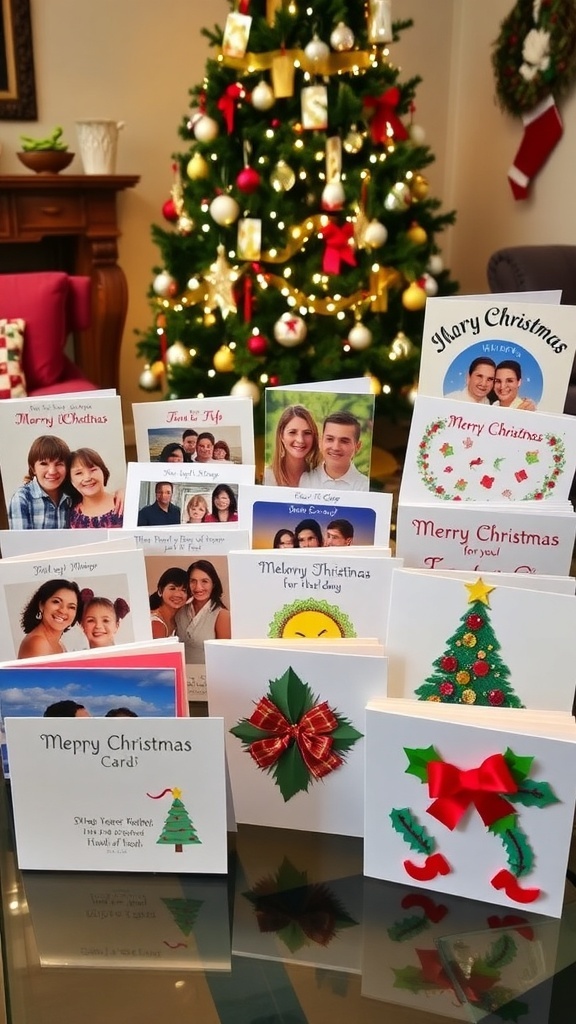 Creative Family Christmas Card Ideas A collection of creative family Christmas cards displayed on a table with a Christmas tree in the background.